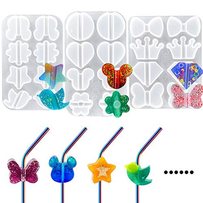 3PCS Straw Topper Mold Kits for Epoxy Resin Casting - Crown, Diamond, Heart, Flower Shapes for 8mm Straw Toppers in Silicone Crafts