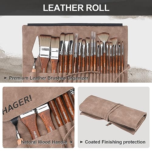 HAGERI 20 Pieces Paint Brushes, Expert Synthetic Nylon Bristles Paint Brush Kit with Palette Knife & Deluxe Leather Roll, Paint Brushes Set for Oil, HAGERI