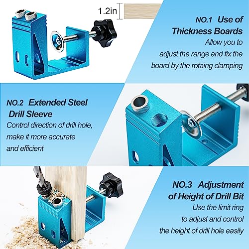Pocket Hole Jig Kit with Drill Guide Joint Pocket Hole Jig 15 Degree Woodworking Inclined Hole Adjustable DIY Woodworking Tools Carpentry Locator EUASOO