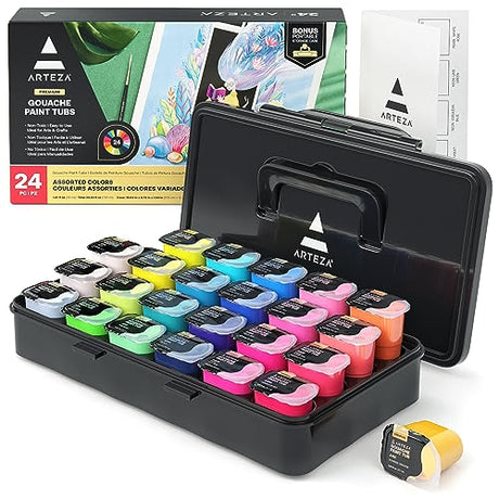 ARTEZA Gouache Paint Set, 24 Vibrant Colors with Jelly Gouache, (1 oz, 30 ml) Tubs, Resealable Lids and Travel Case, Art Supplies for Canvas, Paper, ARTEZA