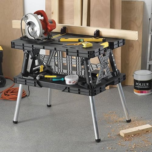 Keter Portable Folding Work Table Tool Storage Stand Workbench with 12 Inch Wood Clamps for Saws, Home Improvement, and Construction - WoodArtSupply