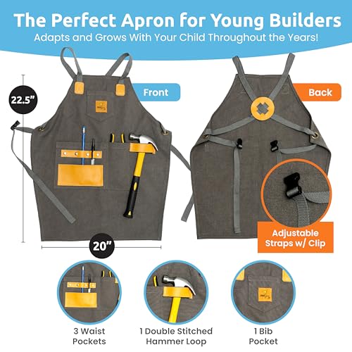 SparkJump Kids Aprons for Painting and Cooking - Durable Canvas Apron with Pockets and Leather Details - Kids Aprons for Girls and Boys - Adjustable - WoodArtSupply