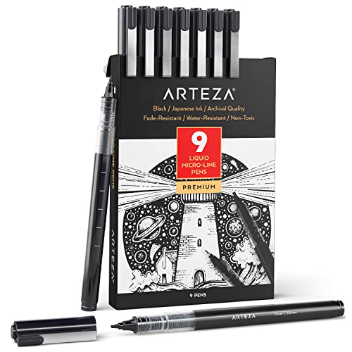ARTEZA Micro-Line Ink Pens, Set of 9, Black Fineliners with Japanese Archival Ink, Art Supplies for Comic Artists and Illustrators ARTEZA