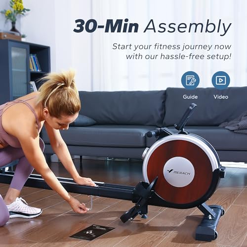 Merach Rowing Machine, Magnetic Rower Machine for Home, 16 Levels of Quiet Resistance, Dual Slide Rail with Max 350lb Weight Capacity, App Compatible - WoodArtSupply