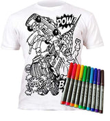 Splat Planet Color in Superhero T-Shirt with 10 Non-Toxic Washable Magic Markers - Color in and Wash Out T-Shirt (9-11 Years) White Splat Planet