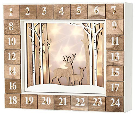 BRUBAKER Reusable Wooden Advent Calendar to Fill - White Winter Landscape with LED Lighting - DIY Christmas Calendar 13.98 x 2.36 x 10.63 inches BRUBAKER