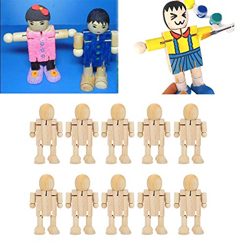 Natudeco 10PCS Toy People Set Unfinished Wood Toys Wooden Craft People Figures Unfinished Wooden Figures Kit Joint Adjustables Robot Paintable Natudeco