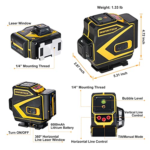 INSPIRITECH Tile Laser Level Self Leveling 3D Alignment Guide,3x360° Horizontal Vertical 12 Cross Lines, Green Beam Lazer Leveler Tool for Floor - WoodArtSupply