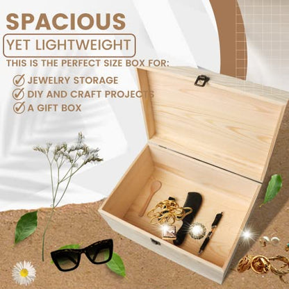 VIKOS Products 13.8x9.9x6.7-Inch/ 3.33-Gal. X-Large Unfinished Wooden Box for DIY Crafts & Storage with Hinges & Retro Front Clasps - Natural Pine -
