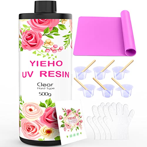 YIEHO 500g UV Resin Kit-Bulk Crystal Clear Hard UV Fast Curing Epoxy Resin Supplies with Mat for Craft Jewelry Making YIEHO