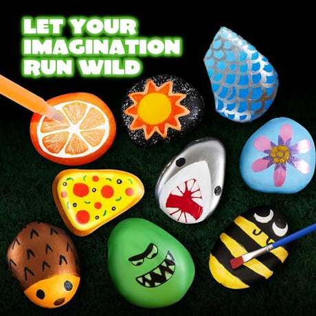 12 Rock Painting Kit, 43 Pcs Arts and Crafts for Kids Ages 4-8+, Art Supplies with 18 Paints (Glow in The Dark & Metallic & Standard), Craft Paint JOYIN