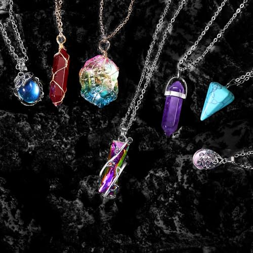 SUNNYOUTH 14 Pcs Vintage Crystal Pendant Necklaces for Women Girls Chakra Healing Carnelian Necklace Bohemian Retro Sunflower Necklace Sun and Moon SUNNYOUTH
