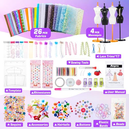 Anpro 700+Pcs Fashion Designer Kit for Girls with 4 Mannequins, DIY Arts & Crafts Kit for Girls Age 6-12 Toys, Doll Clothes Making Sewing Kit - - WoodArtSupply