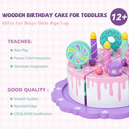 WoodenEdu Toddler Cake Toys for Toddlers 1-3,Wooden Pretend Play Food Fake Birthday Cake,Tea Party Learning Kitchen Gift Toy for Boys Girls (Cookies - WoodArtSupply