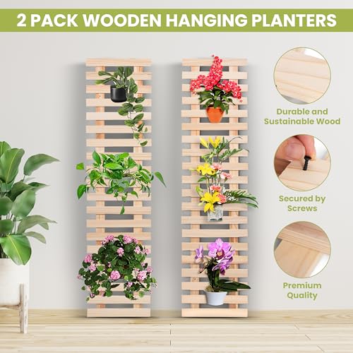 2 pk Natural Wooden Hanging Planter-Two Pack, Vertical Garden Indoor/Outdoor, Garden Décor, Greenery, Flower Rack, Rustic Shelf Outdoor Patio Flower