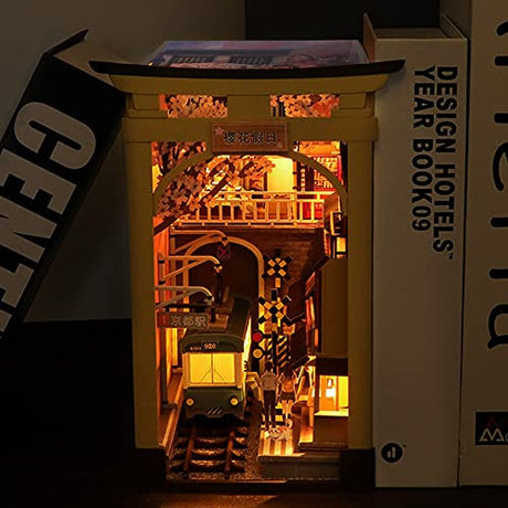 3D Wooden Puzzle Bookends, DIY Book Nook Kit, Sakura DIY Miniature Dollhouse Model Building Kit Insert Decor with Sensor Light, Stand Bookshelf for Tzgsonp