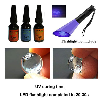 GREATFISHING Fly Tying UV Clear Glue and Power Light Combo Three Bottles Thick Thin and Soft +12 LED Light for Building Flies Heads Bodies Wings and - WoodArtSupply