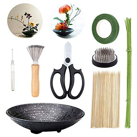 WANDIC Flower Arrangement Kit, Set of 51, Round Flower Holders, Ceramic Flower Pot, Kenzan Needle Cleaning Pin & Rake, Floral Stems and Floral Tape WANDIC