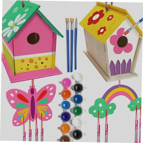 TEHAUX 1 Set Lanyard Birdhouses Pendant Unfinished Arts Kits Bird House Painting Kids Craft Unfinished House Kit Paint House Wind Chime Kit Wind TEHAUX