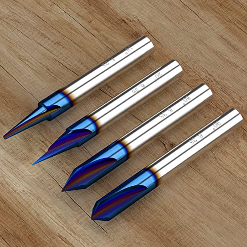 Engraving CNC Wood Carving Router Bit Set 1/4 Inch Shank 15°, 20°, 60°, 90° Engraving Bits with Nano Blue Coated, 2 Flutes Straight CNC V-bit Carzces