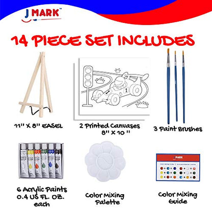 J MARK Kids Paint Set and Paint Easel – Acrylic Painting Kit, Safe Washable Paints, Wood Easel, 2 Pre-Stenciled Canvases 8 x 10 inches, Brushes, - WoodArtSupply