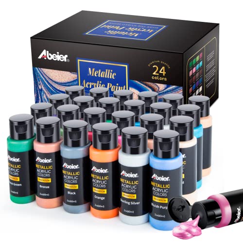 ABEIER Metallic Acrylic Paint, Set of 24 Metallic Colors in 2oz/60ml Bottle, Rich Pigments, Non Fading, Non Toxic Paints for Artist, Beginners & Kids Abeier