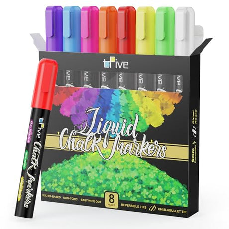 Chalk Markers - 8 Color and 24 Labels - Dry & Wet Erase Chalk Marker Pens for Chalkboards, Signs, Windows, Blackboard, Glass, Mirrors, Liquid TFIVE