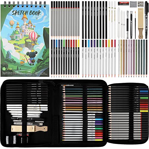 Vnzil 72 Pack Drawing Set Sketching Kit, Art Supplies for Artists, Beginners, Adults, Teens, Premium Art Kit with 50 Sheets Sketch Book, Colored, Vnzil