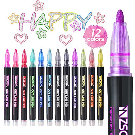 ZSCM Super Squiggles Outline Metallic Markers Pens, Double Line Paint Markers Pens, for Christmas Greeting Cards, DIY Photo Album, Scrapbook Crafts, ZSCM QUALITY DECIDES THE FUTURE