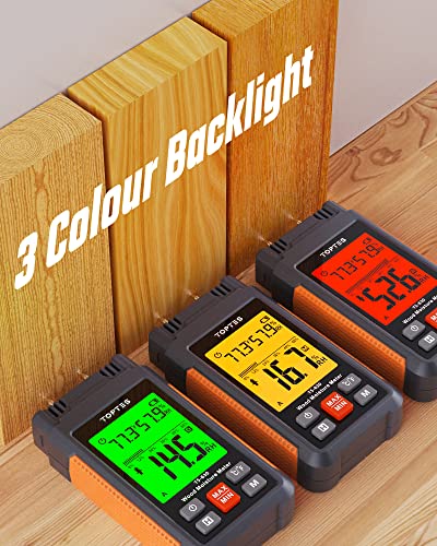 TopTes TS-630 Wood Moisture Meter for Firewood/Drywall, 2.25-inch LCD Screen with 3 Color Backlight Dry-Moisture-Wet Display, 2 Mode 7 Calibration