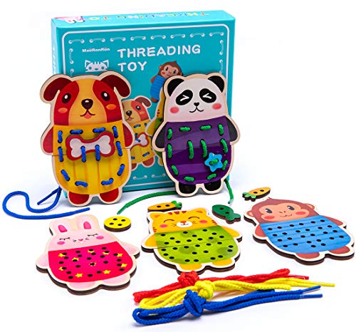 Promise Babe 5 Pack Animals Lacing Cards Wood Block Puzzle Threading Toys Montessori Toy Sewing Cards for Toddler Educational Preschool Toys… Promise Babe