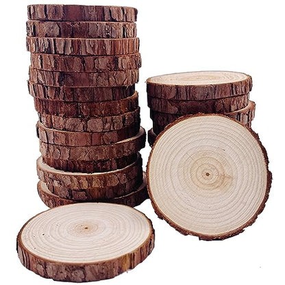 William Craft Natural Wood Slices 25 Pcs 3.1-3.5 Inches Unfinished Wood Craft Kit Undrilled Wooden Circles Without Hole Tree Slice with Bark for Arts