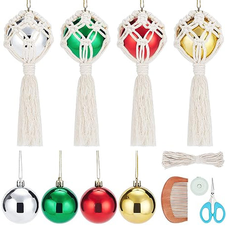 FREEBLOSS 4 Set DIY Macrame Christmas Ball Kit Macrame Christmas Ornaments Macrame Kit with Instructions for Beginners Macrame Hanging for Christmas FREEBLOSS