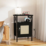 runjuly Rattan Nightstand with Lock, End Table with Charging Station, Side Table with Door and Open Shelf, Modern Wooden Bedside Table for Bedroom, runjuly