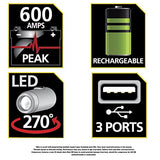 STANLEY J309 Portable Power Station Jump Starter 600 Peak Amp Battery Booster, 3.1A USB Ports, Battery Clamps STANLEY