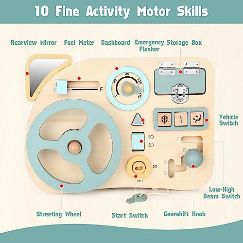 Montessori Busy Board Toy for Toddlers, Car Wooden Sensory Board Educational Toys with 10 Fine Activity Motor Skills, Driving Scene Travel Toys for - WoodArtSupply