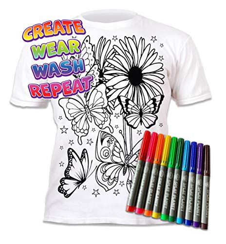 Splat Planet Butterflies T-Shirt with 10 Non-Toxic Washable Magic Markers - Color in and Wash Out and Color in Again T-Shirt (9-11 Years) White Splat Planet