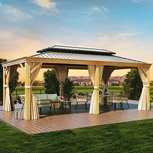 YITAHOME 12x20ft Hardtop Gazebo with Nettings and Curtains, Wood Grain Heavy Duty Double Roof Galvanized Steel Outdoor Combined of Vertical Stripes - WoodArtSupply