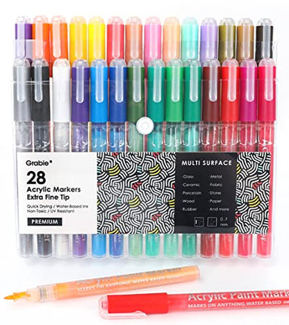 Grabie Acrylic Paint Pens, Acrylic Paint Markers, 28 Colors, 0.7 mm, Extra Fine Tip Paint Markers, Premium Paint Pens for Painting on Various