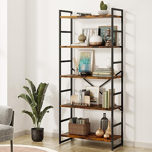 Shintenchi Rustic Brown 5-Tier Industrial Bookcase for Home, Office, and Living Spaces Shintenchi