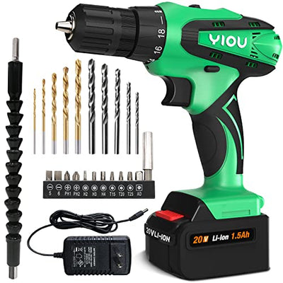 YIOU 20V MAX Cordless Drill, 18 Position Clutch Drill with 23PCS Drill Set, 3/8 Inches Keyless Chuck Power Drill and Battery Charger, Green Driller