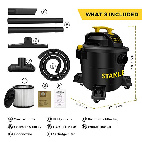 Stanley Wet/Dry Vacuum SL18191P, 10 Gallon 4 Horsepower 16 FT Clean Range Shop Vacuum, Ideal for Home/Garage/Laundry Rooms with Vacuum Attachments, Stanley