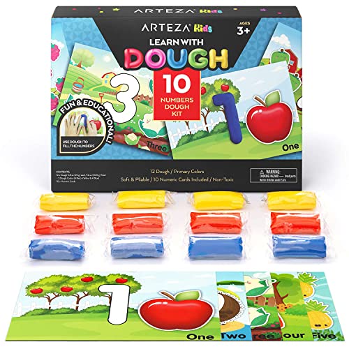 Arteza Kids Play Dough, Number Learning Dough Clay Kit, 12 Pieces, 0.8 oz, Red, Yellow, and Blue, 10 Numeric Cards, Art Supplies for Kids - WoodArtSupply