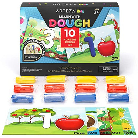 Arteza Kids Play Dough, Number Learning Dough Clay Kit, 12 Pieces, 0.8 oz, Red, Yellow, and Blue, 10 Numeric Cards, Art Supplies for Kids Arteza Kids