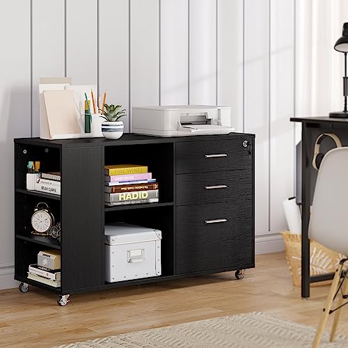 YITAHOME Mobile Wood File Cabinet, 3 Drawer Lateral Filing Cabinet, Black - WoodArtSupply