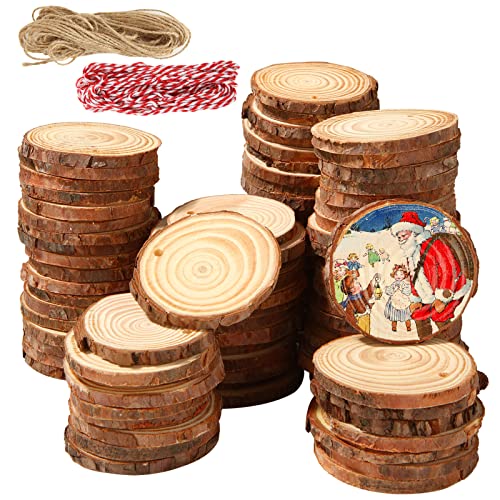 Oungy 100 PCS Natural Wood Slices with Holes 2.4-2.8 Inch Round Wood Discs Unfinished Wood Kit Wooden Circles Tree Slice for DIY Art Craft Christmas