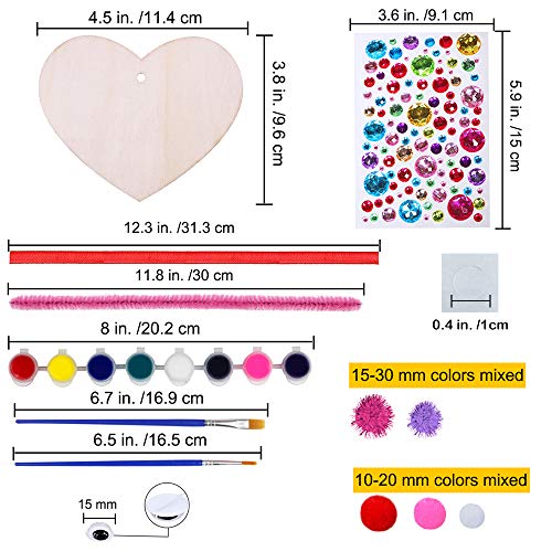 36 Sets Valentine's Day DIY Assorted Wood Heart Ornament Craft Kit Unfinished Paintable Wooden Heart Cutouts Stickers Metallic Chenille Stems Winlyn