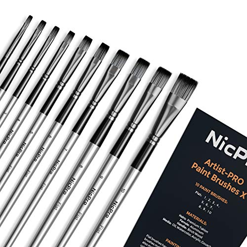 Nicpro 10 PCS Flat Paint Brush Set Art Painting Brushes for Acrylic Watercolor Oil Gouache, Craft Detail Face Body Painting Artist Kit for Kid & Nicpro