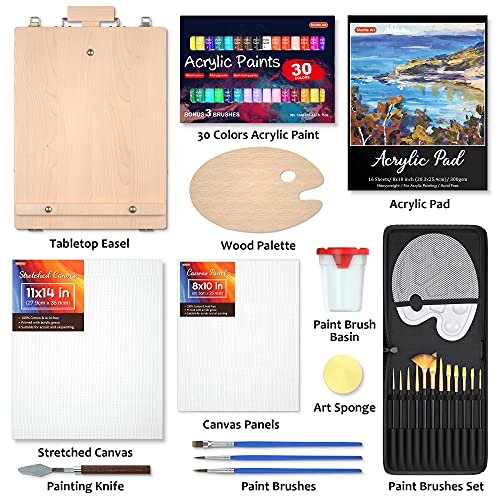 Shuttle Art Acrylic Painting Set, 59 Pack Professional Painting Supplies with Wood Tabletop Easel, 30 Colors Acrylic Paint, Canvas, Brushes, Palette,