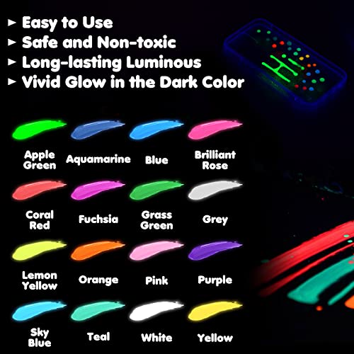 Roizefar Fabric Paint, 16 Colors Glow in the Dark Paint, 3D Permanent Acrylic Textile Paint (20 ml/0.68 oz), Neon Craft Painting Fabric Paint for Roizefar